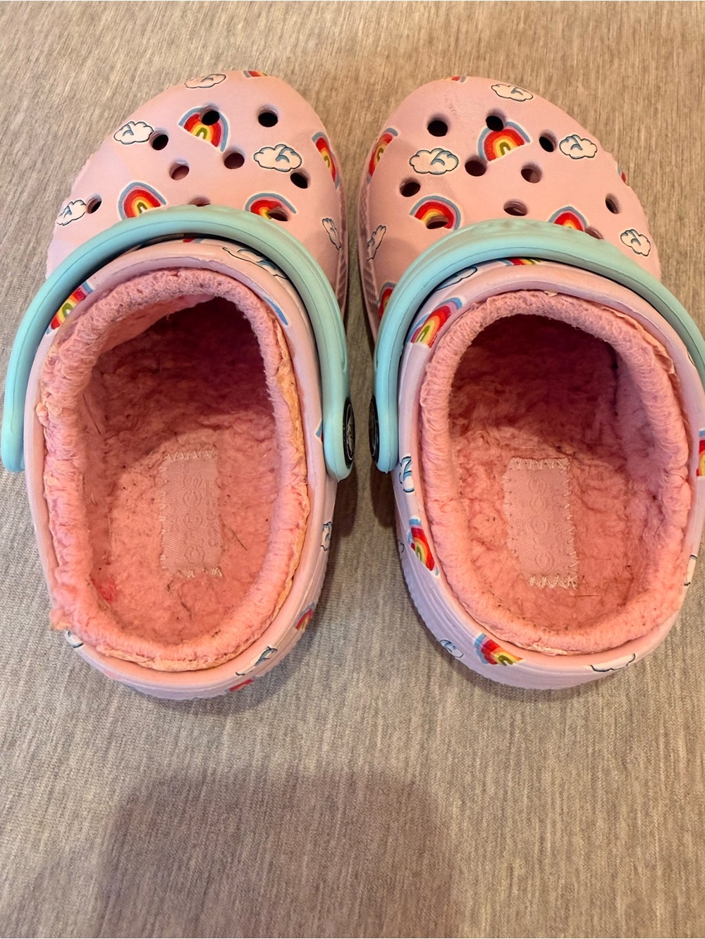CROCS Pink Rainbow Fuzz Lined Kids Clogs with Mint Strap